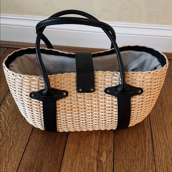 Leather and Raffia Basket Tote - Picture 2 of 3